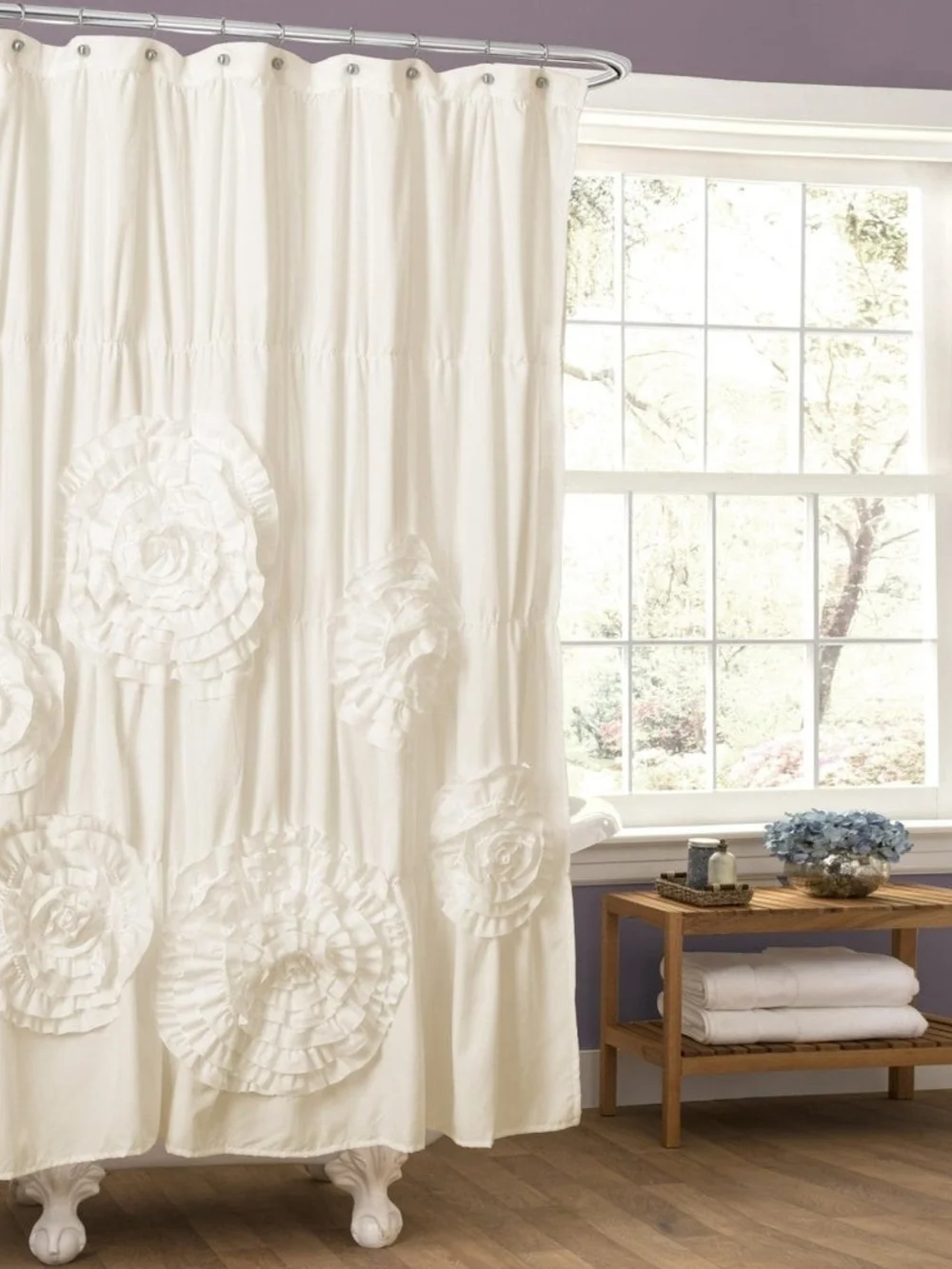 Cream Ruffled Floral Shower Curtain - Soft Textured Bath Accent